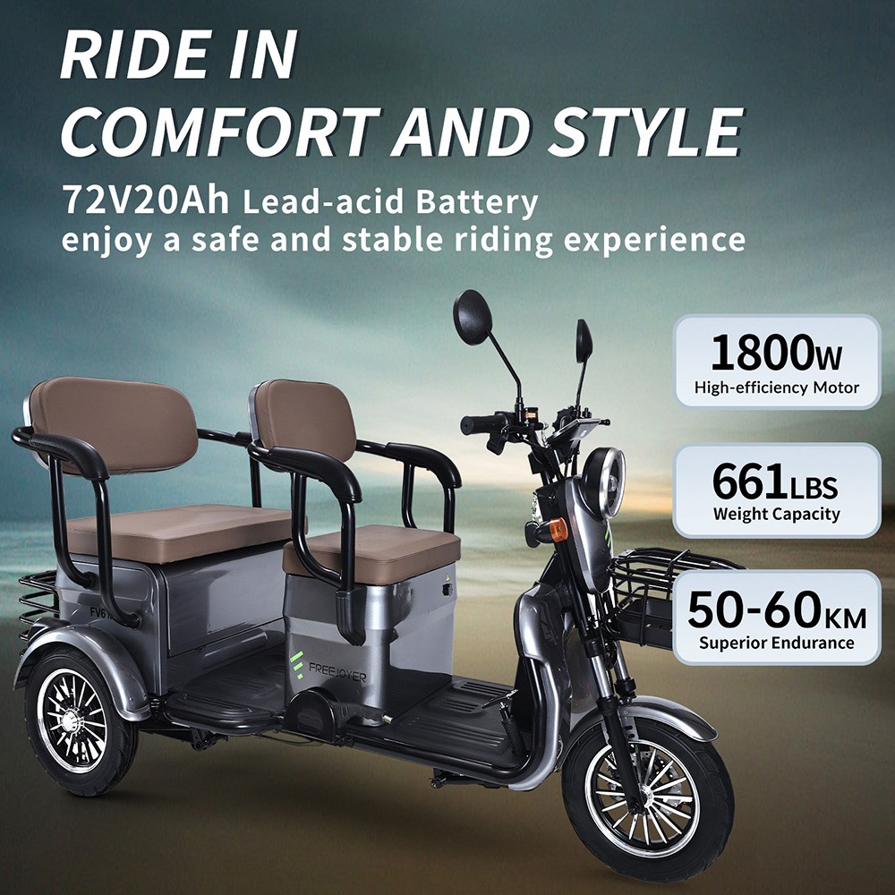 Freejoyer FV6 Max Electric Tricycle, 1800W Motor, 72V 20Ah Battery, 10*3 inch Tire, 25km/h Max Speed, 60km Range, Front Disc Brake & Rear Drum Brake, Hydraulic Front Fork - Grey