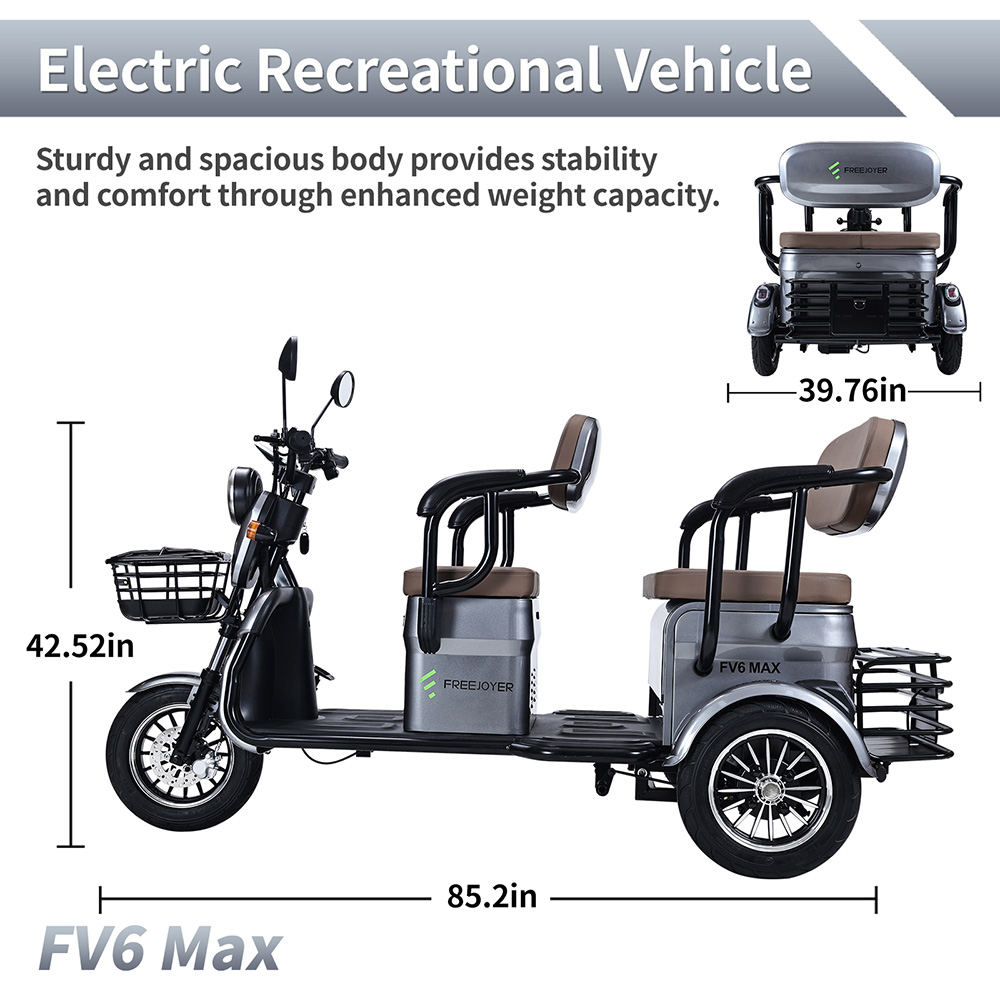 Freejoyer FV6 Max Electric Tricycle, 1800W Motor, 72V 20Ah Battery, 10*3 inch Tire, 25km/h Max Speed, 60km Range, Front Disc Brake & Rear Drum Brake, Hydraulic Front Fork - Grey