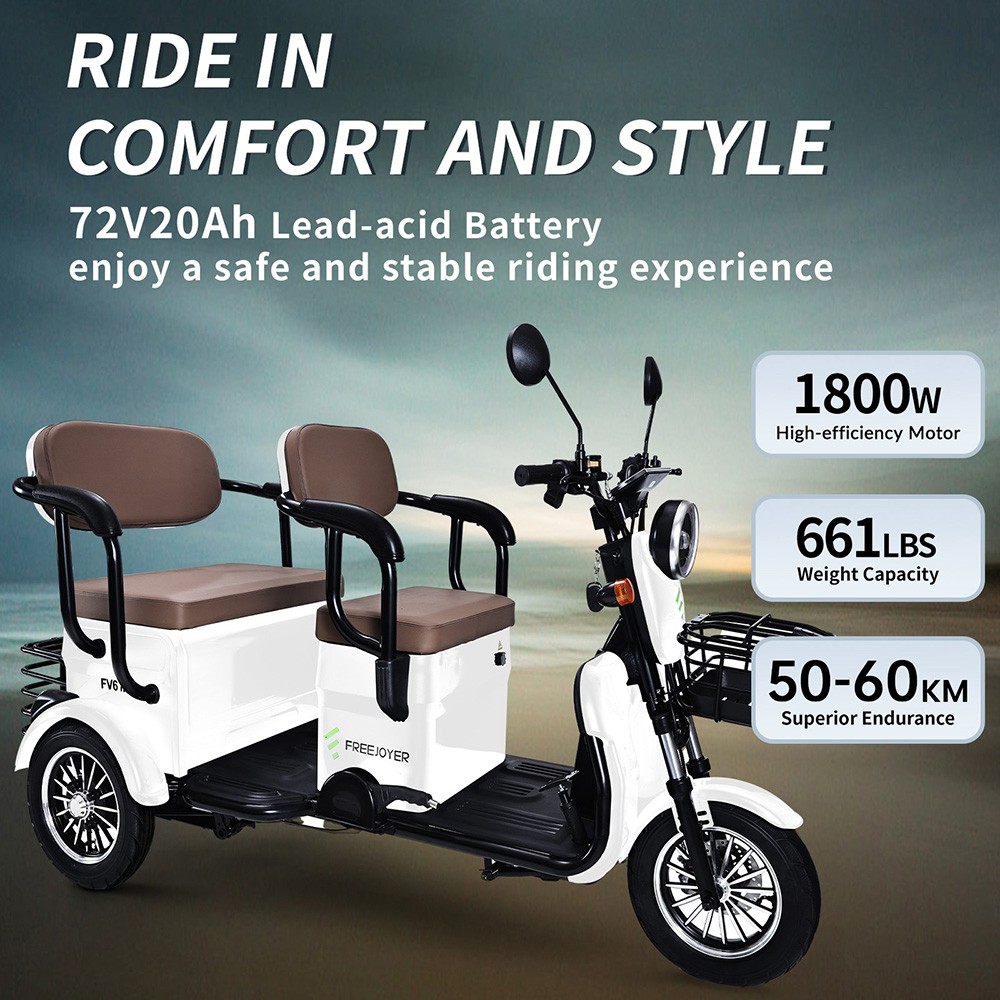 Tricycle &eacute;lectrique Freejoyer FV6 Max, moteur 1800 W, batterie 72 V 20 Ah, pneu 10 x 3 pouces, vitesse maximale 25 km/h, autonomie 60 km, frein &agrave; disque avant et frein &agrave; tambour arri&egrave;re, fourche avant hydraulique - Blanc