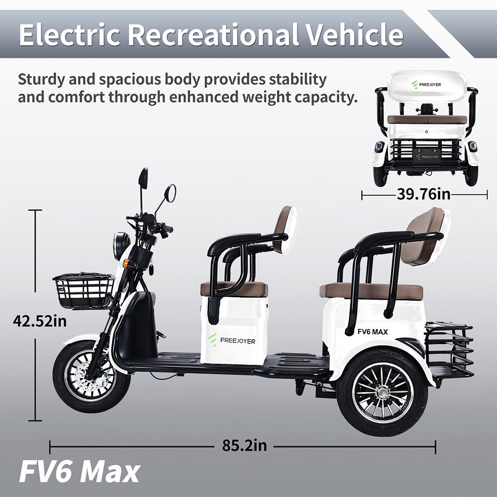Tricycle &eacute;lectrique Freejoyer FV6 Max, moteur 1800 W, batterie 72 V 20 Ah, pneu 10 x 3 pouces, vitesse maximale 25 km/h, autonomie 60 km, frein &agrave; disque avant et frein &agrave; tambour arri&egrave;re, fourche avant hydraulique - Blanc