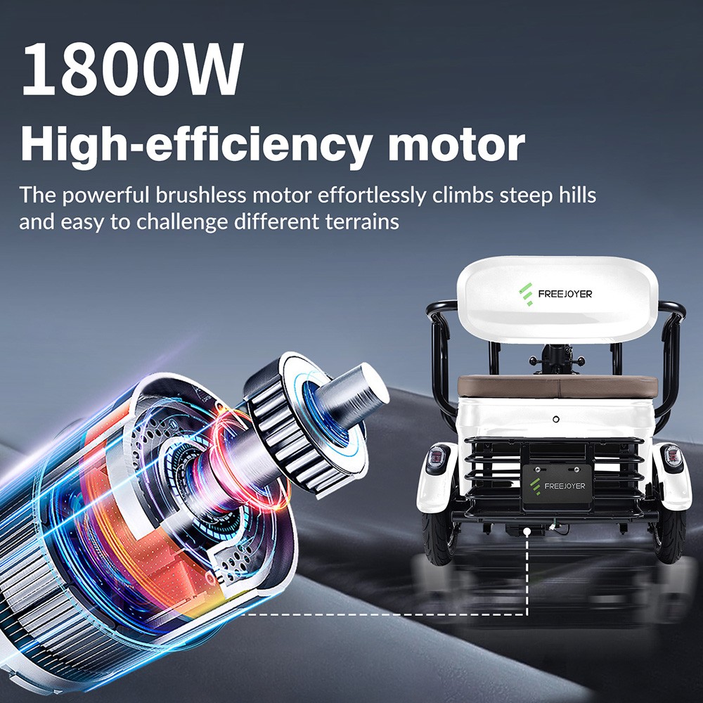 Tricycle &eacute;lectrique Freejoyer FV6 Max, moteur 1800 W, batterie 72 V 20 Ah, pneu 10 x 3 pouces, vitesse maximale 25 km/h, autonomie 60 km, frein &agrave; disque avant et frein &agrave; tambour arri&egrave;re, fourche avant hydraulique - Blanc