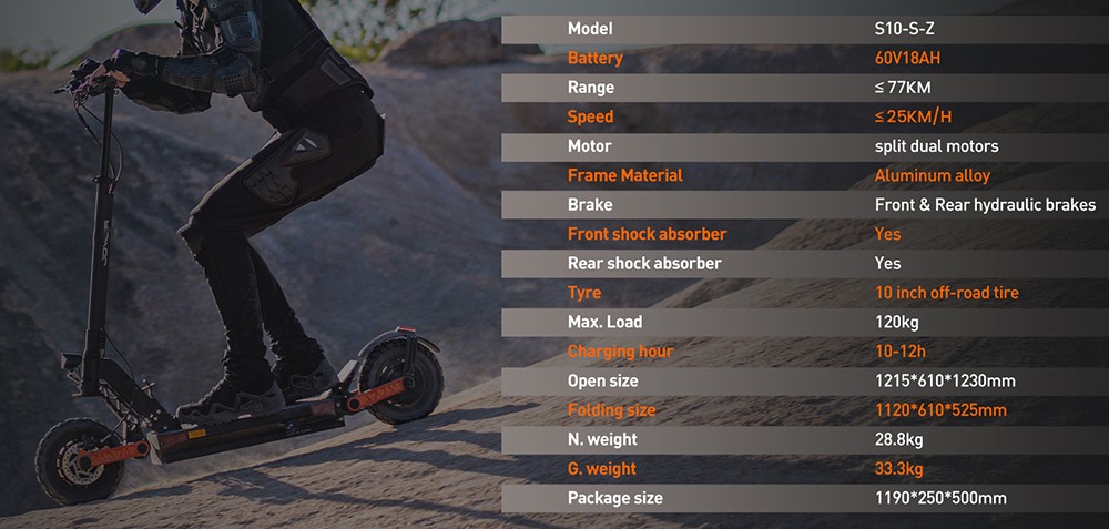 Joyor S10-S-Z Foldable Electric Scooter, 1000W*2 Motor, 60V 18AH Battery, 10-inch Off-road Tires, 25km/h Max Speed, 77km Range, Dual Hydraulic Brakes, Front & Rear Shock Absorber, 6 Lights System