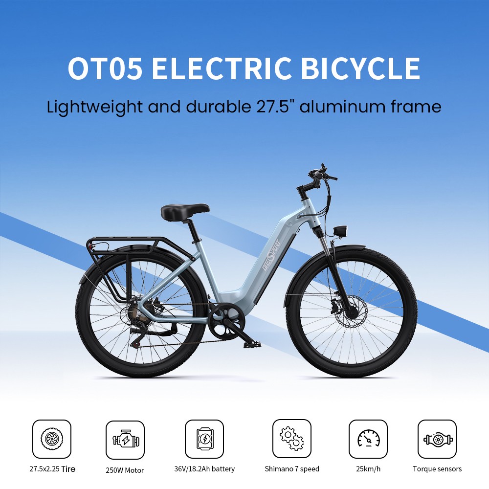 ONESPORT OT05 V&eacute;lo &eacute;lectrique, cadre en aluminium de 27,5 pouces, moteur ANANDA de 250 W, batterie 36 V 18,2 Ah, vitesse maximale de 25 km/h, autonomie de 60 &agrave; 120 km, frein &agrave; disque &agrave; huile, Shimano 7 vitesses, capteur de couple - Bleu brillant