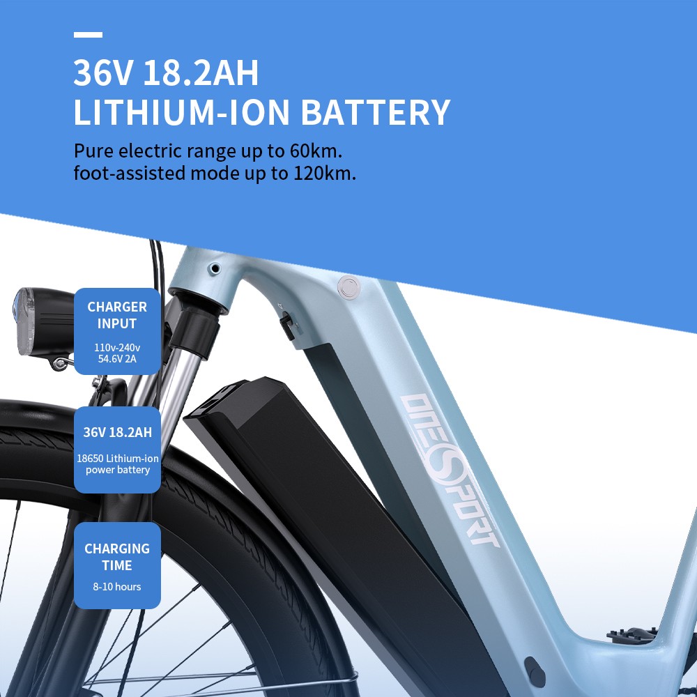 ONESPORT OT05 V&eacute;lo &eacute;lectrique, cadre en aluminium de 27,5 pouces, moteur ANANDA de 250 W, batterie 36 V 18,2 Ah, vitesse maximale de 25 km/h, autonomie de 60 &agrave; 120 km, frein &agrave; disque &agrave; huile, Shimano 7 vitesses, capteur de couple - Bleu brillant