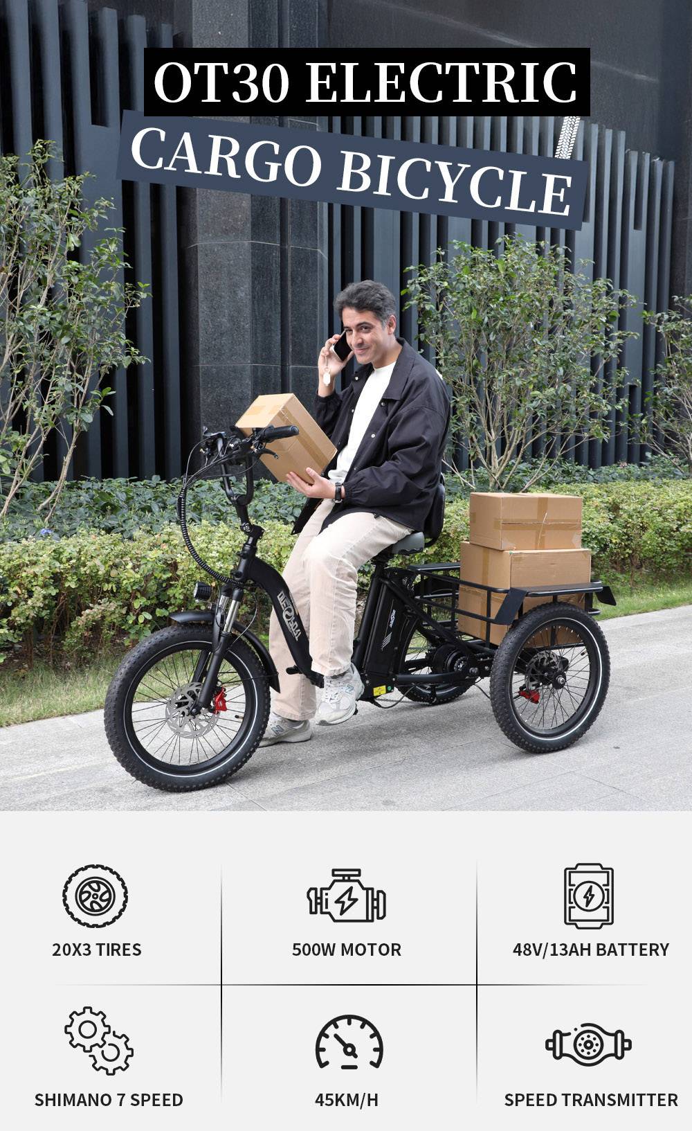 ONESPORT OT30 Electric Cargo Tricycle, 500W Motor, 48V 13Ah Battery, 20*3.0 inch Tire, 25km/h Max Speed, 80km Range, Hydraulic Disc Brakes, Shock Absorbing Fork, 180kg Max Load - Black