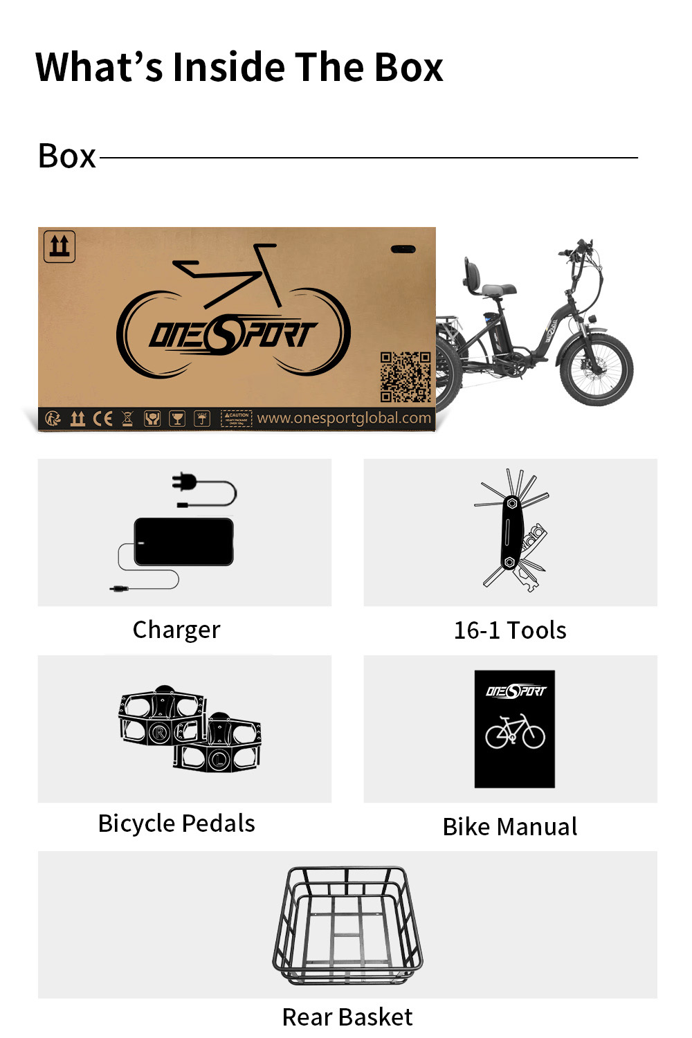 ONESPORT OT30 Electric Cargo Tricycle, 500W Motor, 48V 13Ah Battery, 20*3.0 inch Tire, 25km/h Max Speed, 80km Range, Hydraulic Disc Brakes, Shock Absorbing Fork, 180kg Max Load - Black