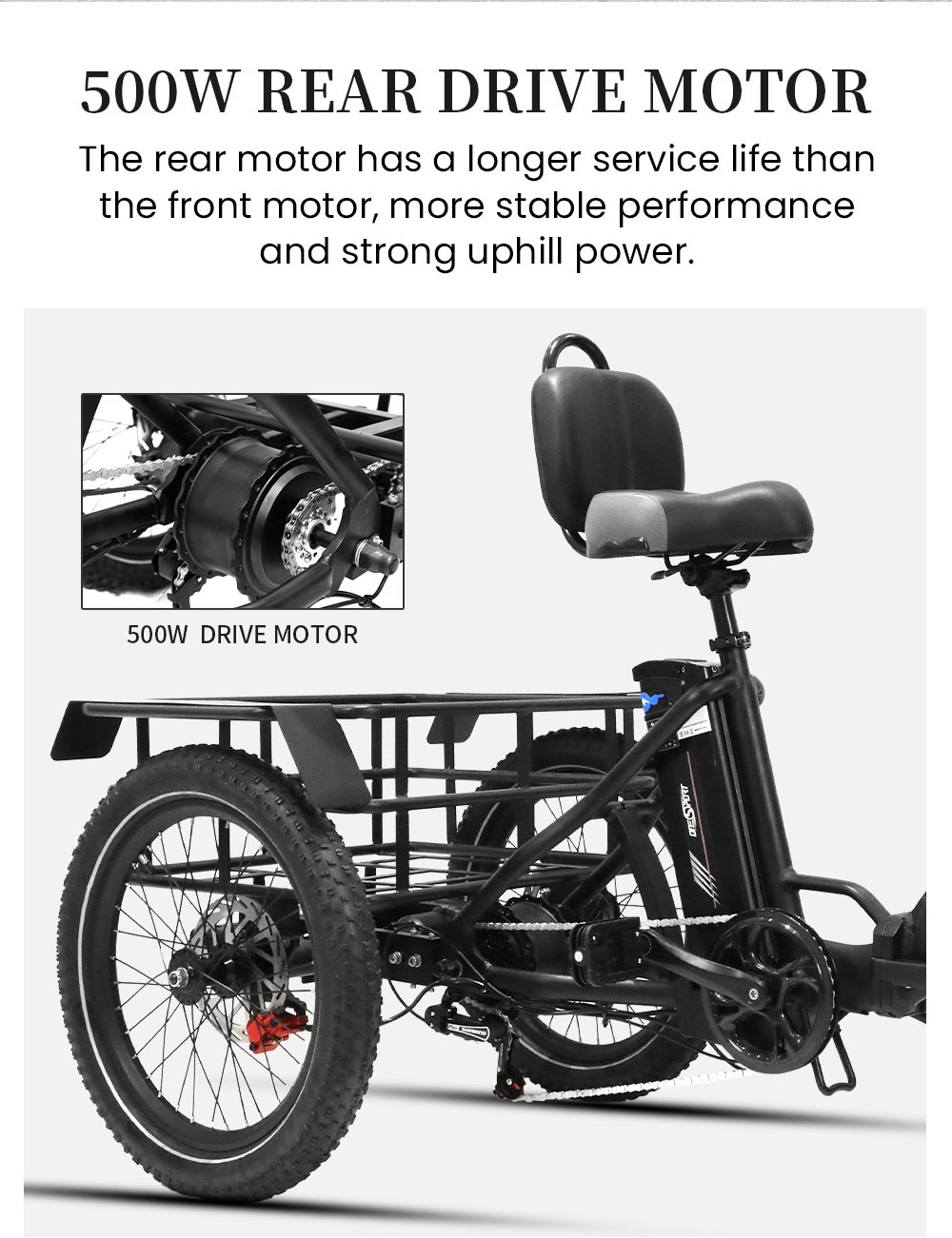 ONESPORT OT30 Electric Cargo Tricycle, 500W Motor, 48V 13Ah Battery, 20*3.0 inch Tire, 25km/h Max Speed, 80km Range, Hydraulic Disc Brakes, Shock Absorbing Fork, 180kg Max Load - Black