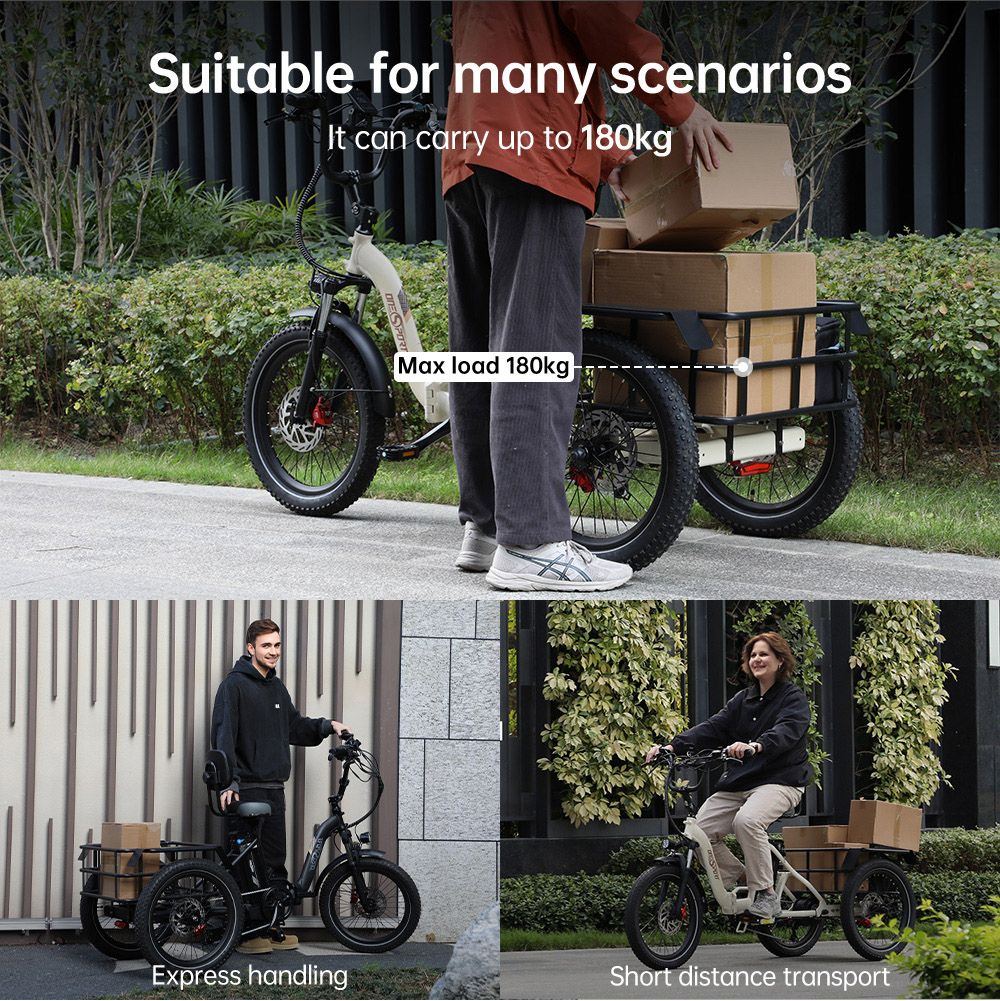 ONESPORT OT30 Electric Cargo Tricycle, 500W Motor, 48V 13Ah Battery, 20*3.0 inch Tire, 25km/h Max Speed, 80km Range, Hydraulic Disc Brakes, Shock Absorbing Fork, 180kg Max Load - Black