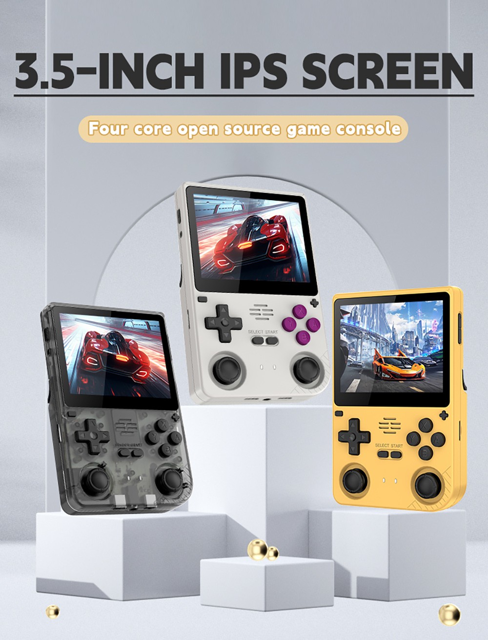 Powkiddy V20 Handheld Game Console, 128GB TF Card, 3.5 inch IPS Screen, Open Source Linux System, 64-bit 3D Simulators, 10 Hours Playtime - Grey