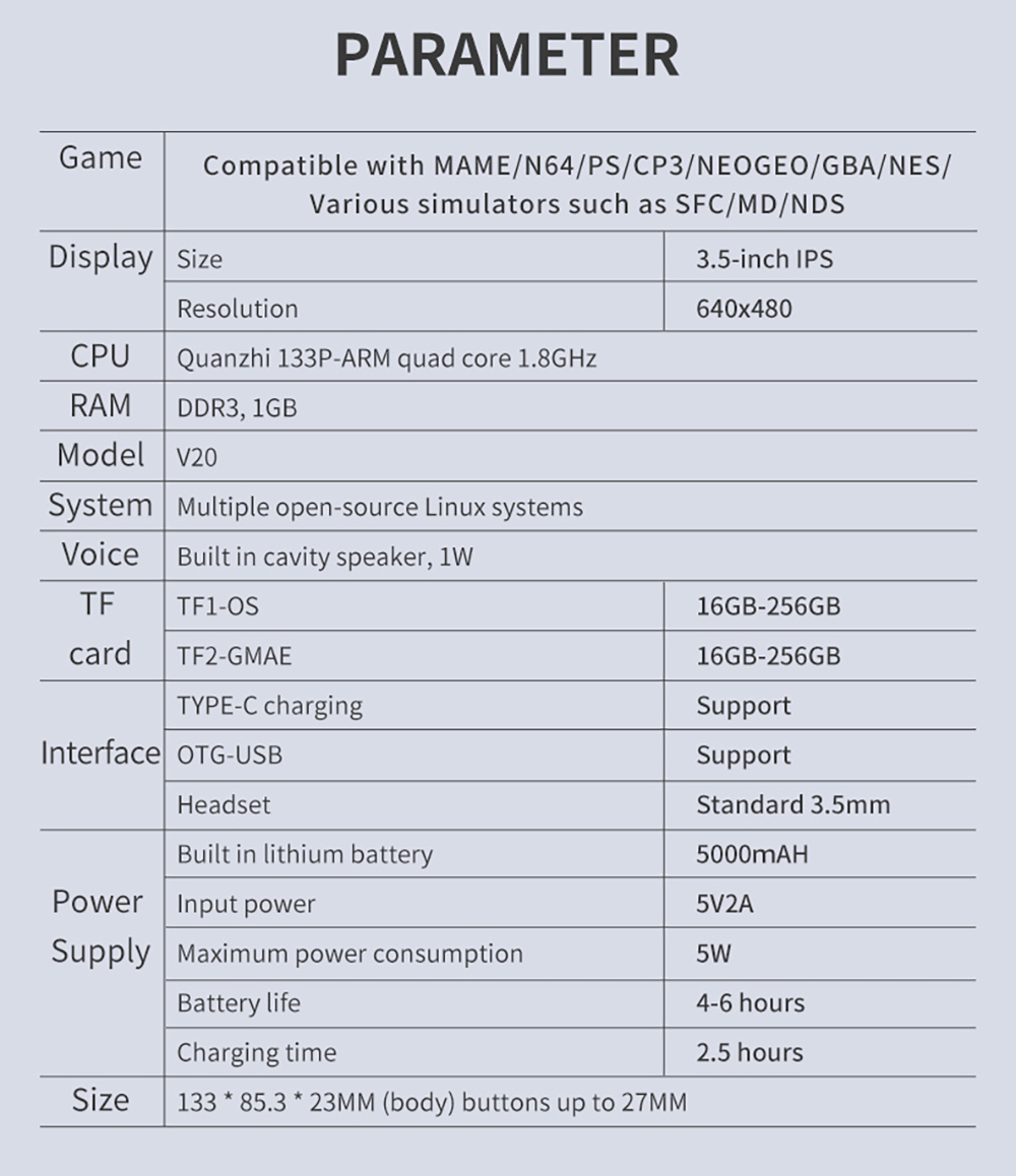 Powkiddy V20 Handheld Game Console, 256GB TF Card, 3.5 inch IPS Screen, Open Source Linux System, 64-bit 3D Simulators, 10 Hours Playtime - Grey