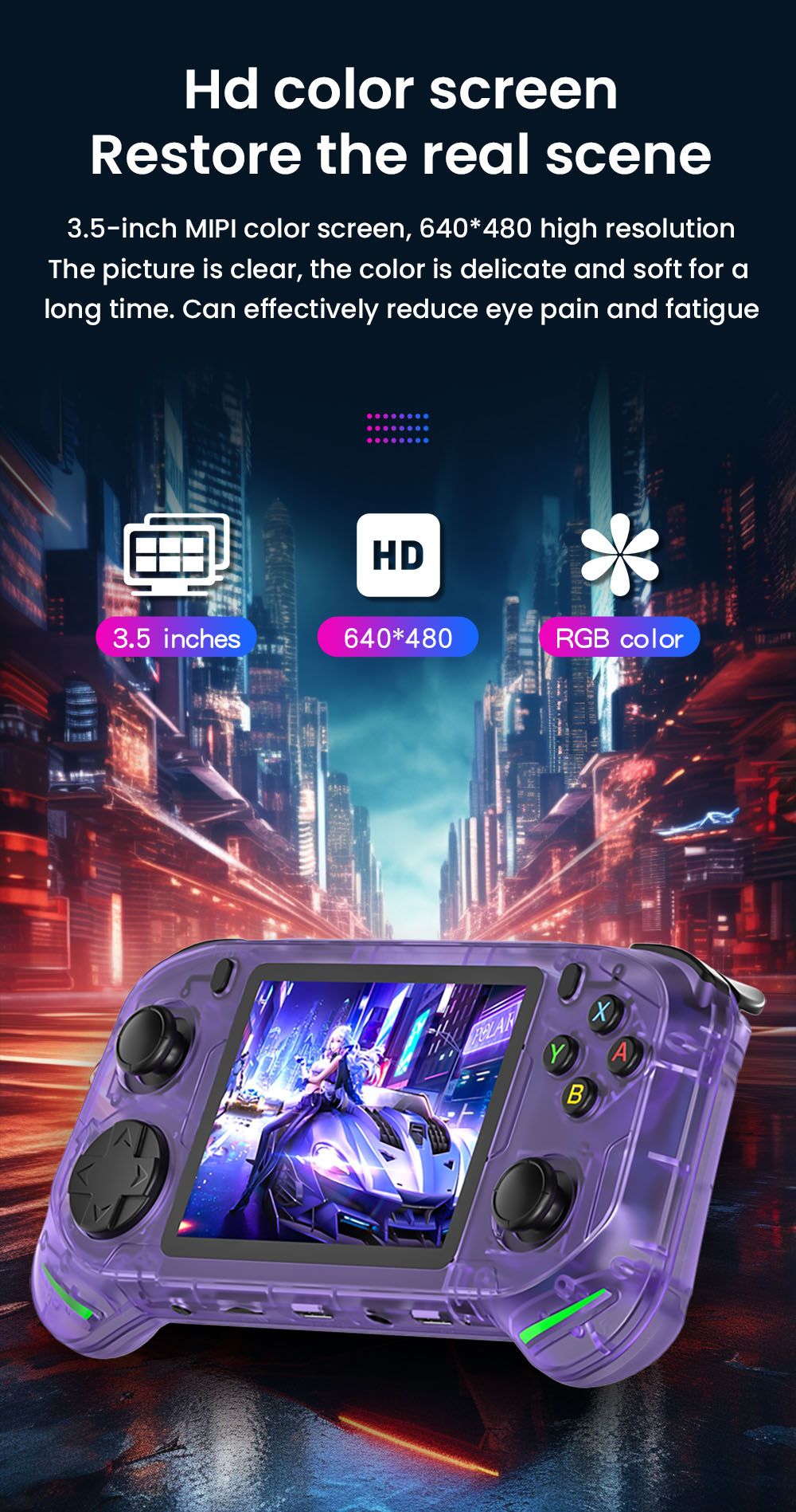 RX6H Handheld Game Console, 64GB TF Card, 3.5 inch Screen, 20+ Emulators, 4 Hours Playtime - Grey