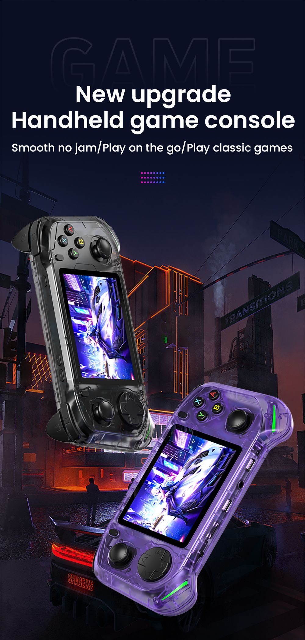 RX6H Handheld Game Console, 64GB TF Card, 3.5 inch Screen, 20+ Emulators, 4 Hours Playtime - Purple
