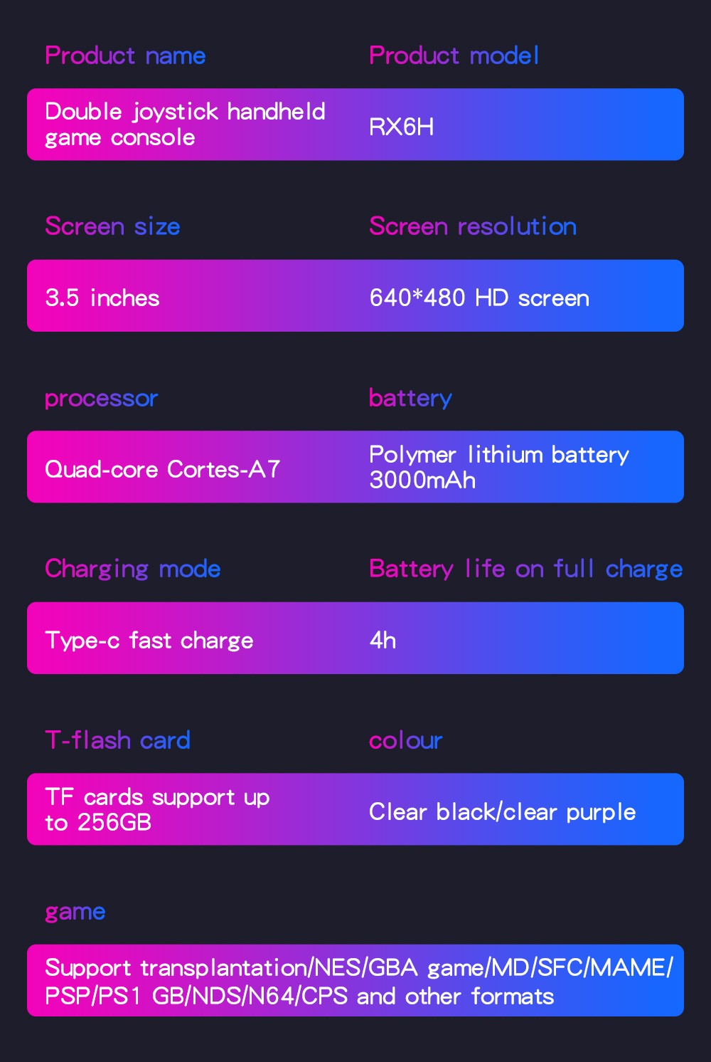 RX6H Handheld Game Console, 64GB TF Card, 3.5 inch Screen, 20+ Emulators, 4 Hours Playtime - Purple