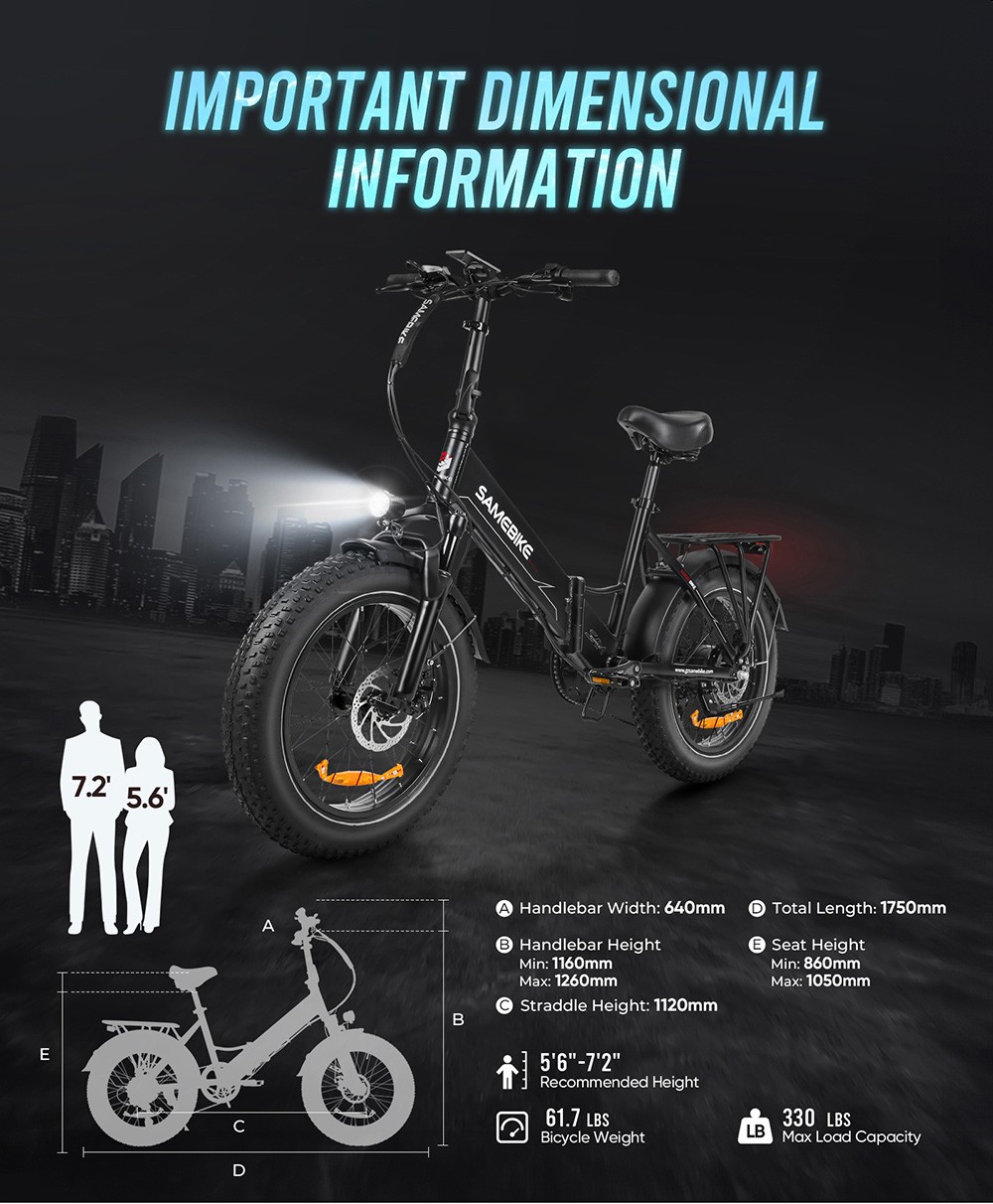 SAMEBIKE LOTDM200-II-FT Faltbares Elektrofahrrad, 750 W Motor, 48 V 13 Ah Akku, 20 x 4 Zoll Fat Tire, 40 km/h H&ouml;chstgeschwindigkeit, 80 km Reichweite, Doppelfederung, mechanische Scheibenbremsen, NFC Smart Display, Shimano 7 G&auml;nge - Blau
