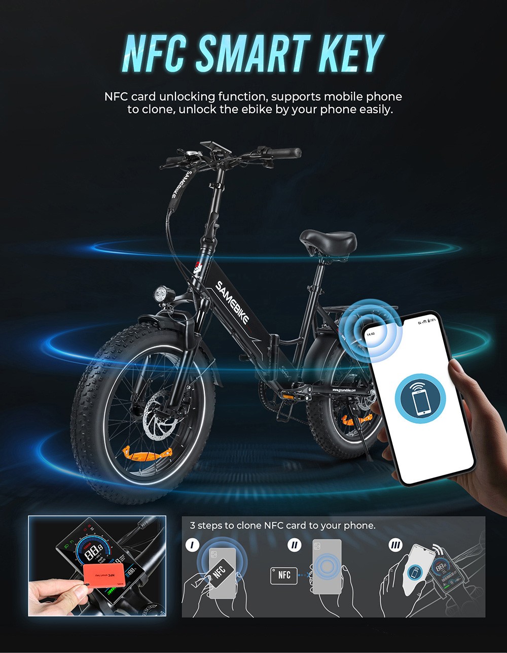 SAMEBIKE LOTDM200-II-FT Faltbares Elektrofahrrad, 750 W Motor, 48 V 13 Ah Akku, 20 x 4 Zoll Fat Tire, 40 km/h H&ouml;chstgeschwindigkeit, 80 km Reichweite, Doppelfederung, mechanische Scheibenbremsen, NFC Smart Display, Shimano 7 G&auml;nge - Blau