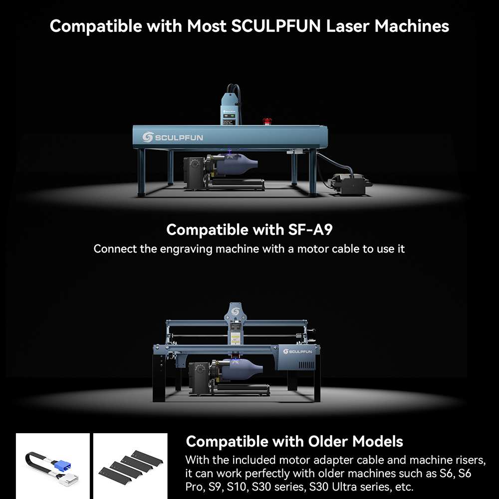 Refurbished SCULPFUN RA Pro Max 4 in 1 Rotary Roller & Chuck for S9, S30, S30 Ultra, SF-A9 Laser Engraver, Y-axis Rotary Roller Engraving Module for Laser Engraving Cylindrical Objects, Irregular Round Objects