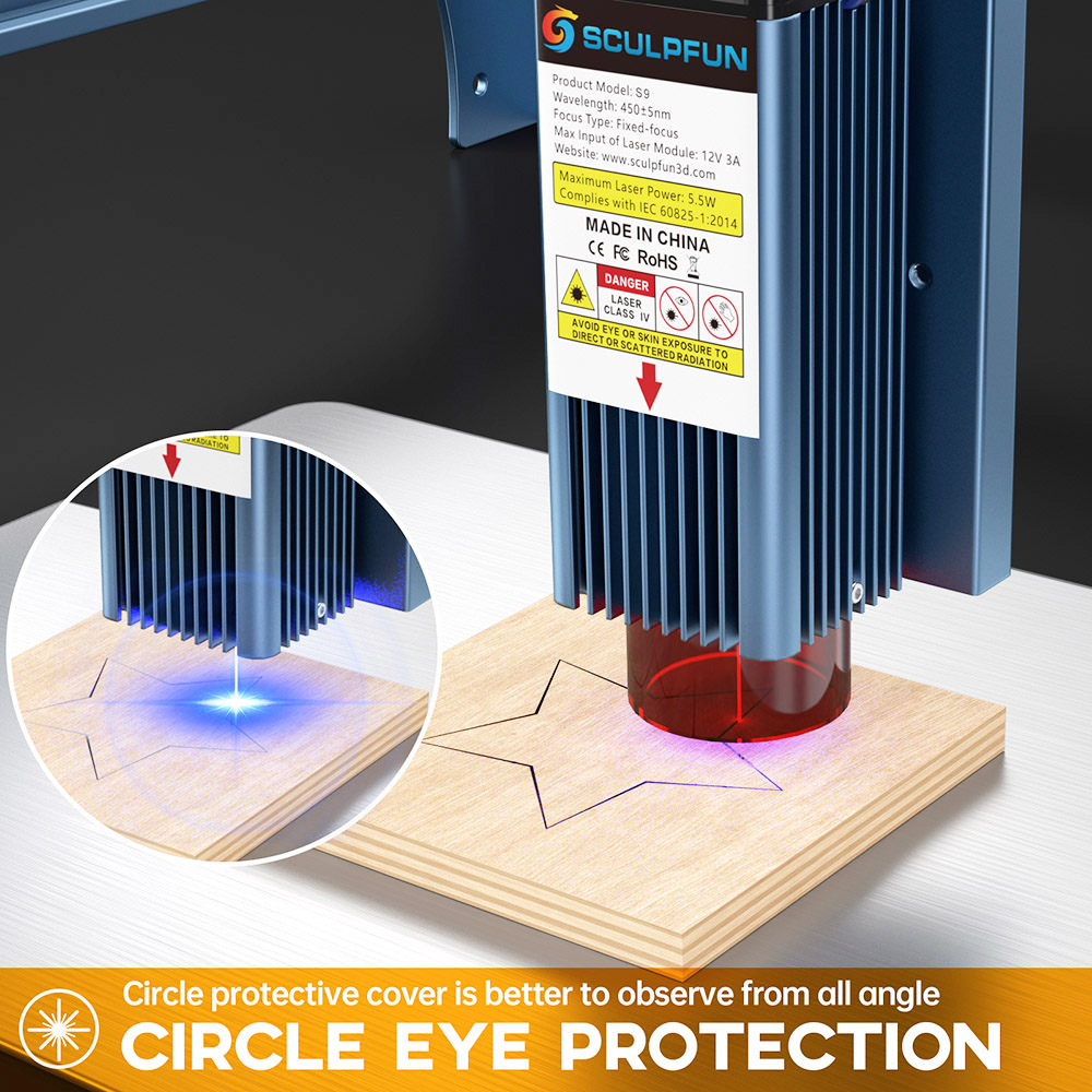 Refurbished SCULPFUN S9 5.5W Laser Engraver, 0.06mm Ultra-Fine Compressed Spot, Diode Laser, 0.08mm High Precision, Cut 15mm Thick Wood 10mm Acrylic, Fixed Focus, Engraving Area 410*420mm