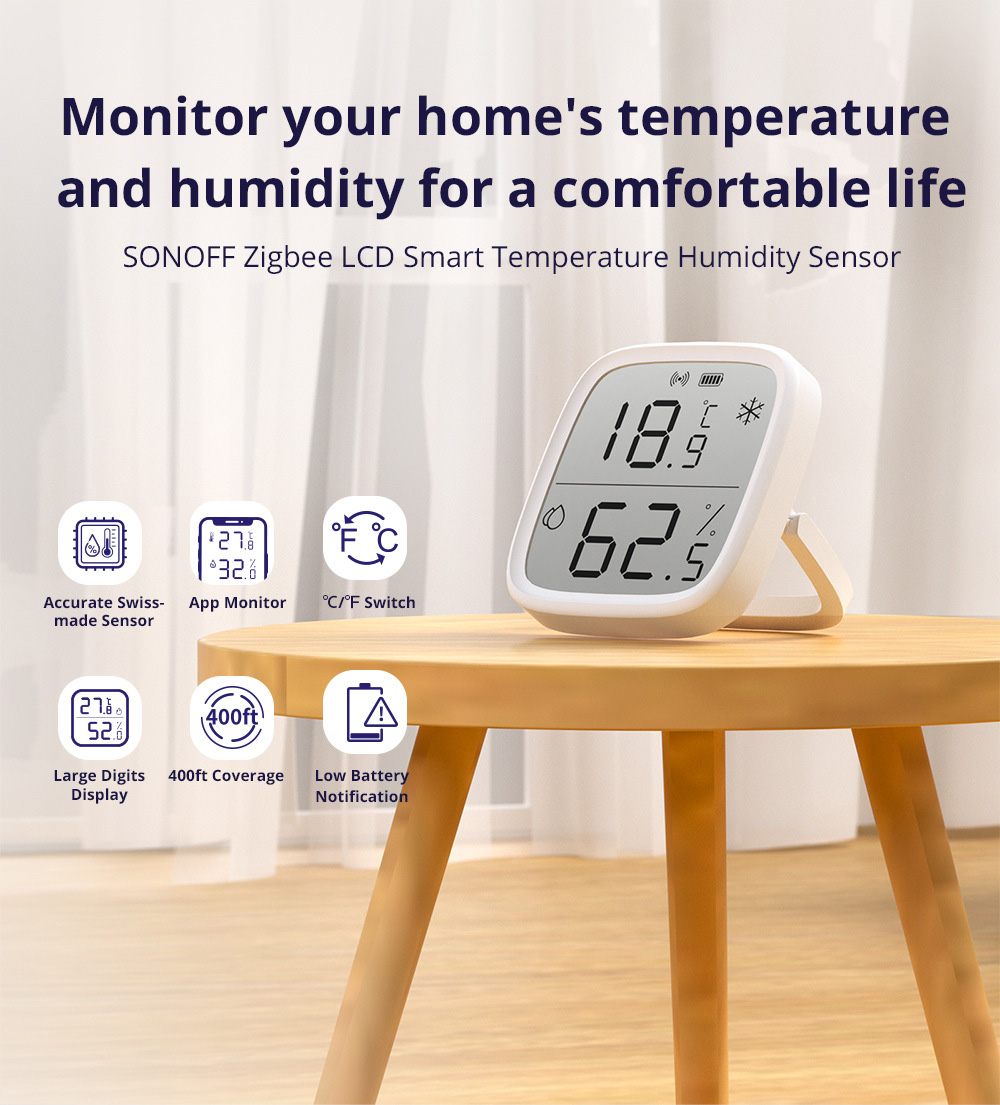 SONOFF SNZB-02D Zigbee Temperature Humidity Sensor, Smart LCD Thermometer Detector, Works With Alexa & Google, for Remote Monitoring and Home Automation
