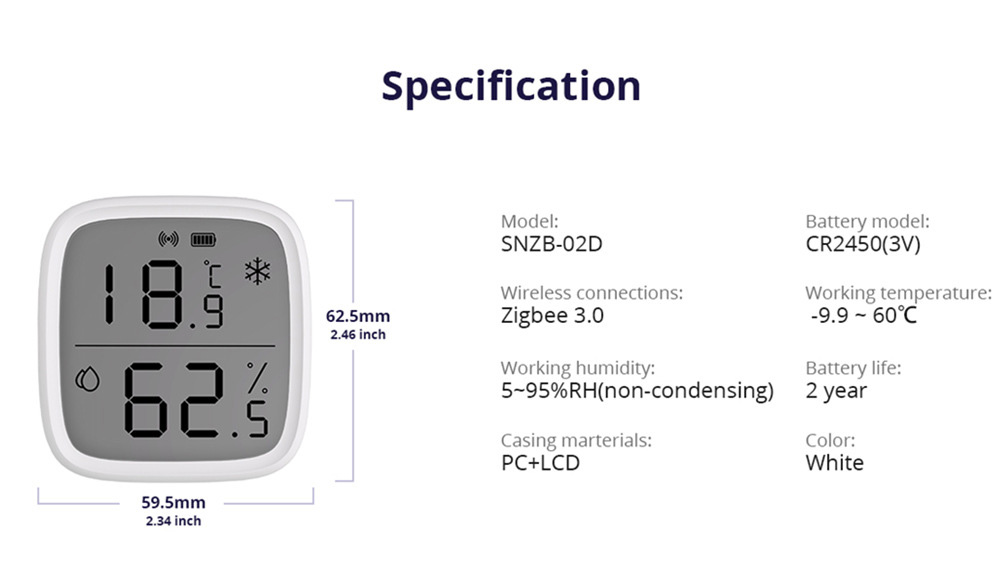 SONOFF SNZB-02D Zigbee Temperature Humidity Sensor, Smart LCD Thermometer Detector, Works With Alexa & Google, for Remote Monitoring and Home Automation