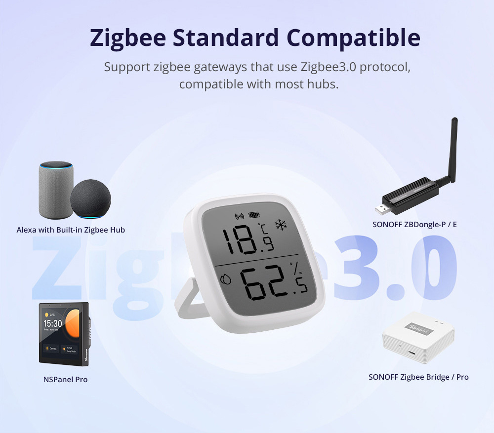 SONOFF SNZB-02D Zigbee Temperature Humidity Sensor, Smart LCD Thermometer Detector, Works With Alexa & Google, for Remote Monitoring and Home Automation