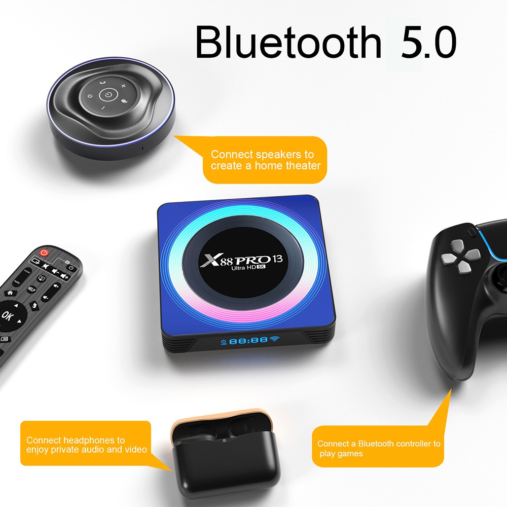 X88 Pro 13 Android 13 TV Box, RK3528 Quad-core, 4GB RAM 64GB ROM, Support 8K Video Decoding, Bluetooth 5.0, WiFi 6, 1*USB3.0, 1*USB2.0, 1*HDMI, 1*RJ451, 1*Micro SD Card