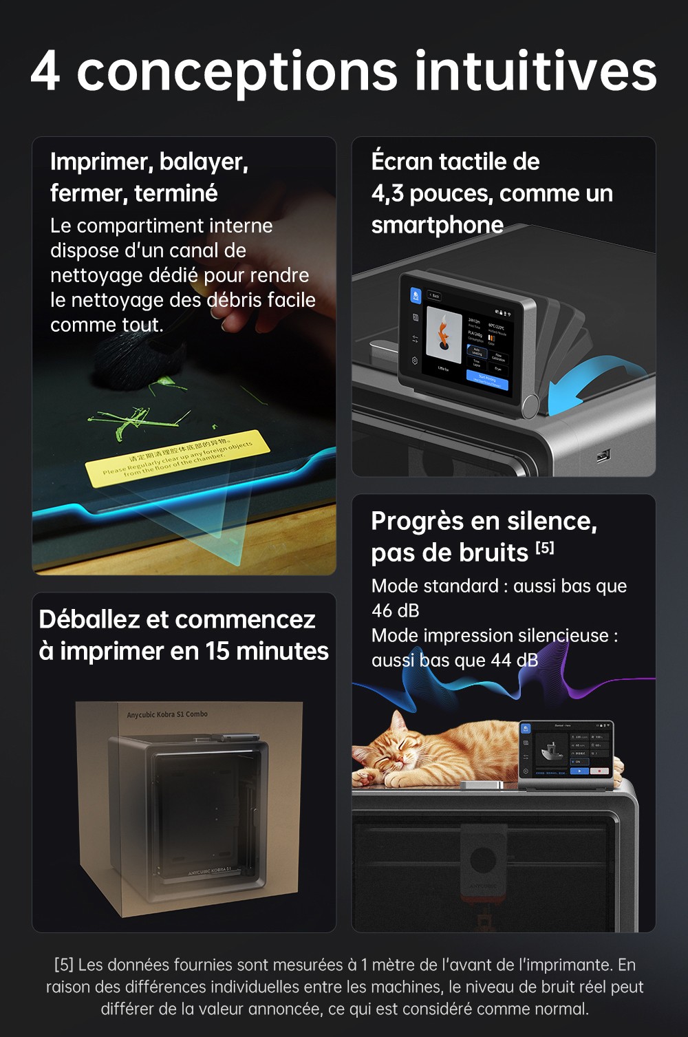 Imprimante 3D ANYCUBIC KOBRA S1 COMBO, impression 8 couleurs &eacute;clatantes, vitesse ultra-rapide de 600 mm/s, mise &agrave; niveau automatique, t&ecirc;te d'impression 320 &deg;C, ultra-silencieuse 44 dB, construction CoreXY, 250 x 250 x 250 mm