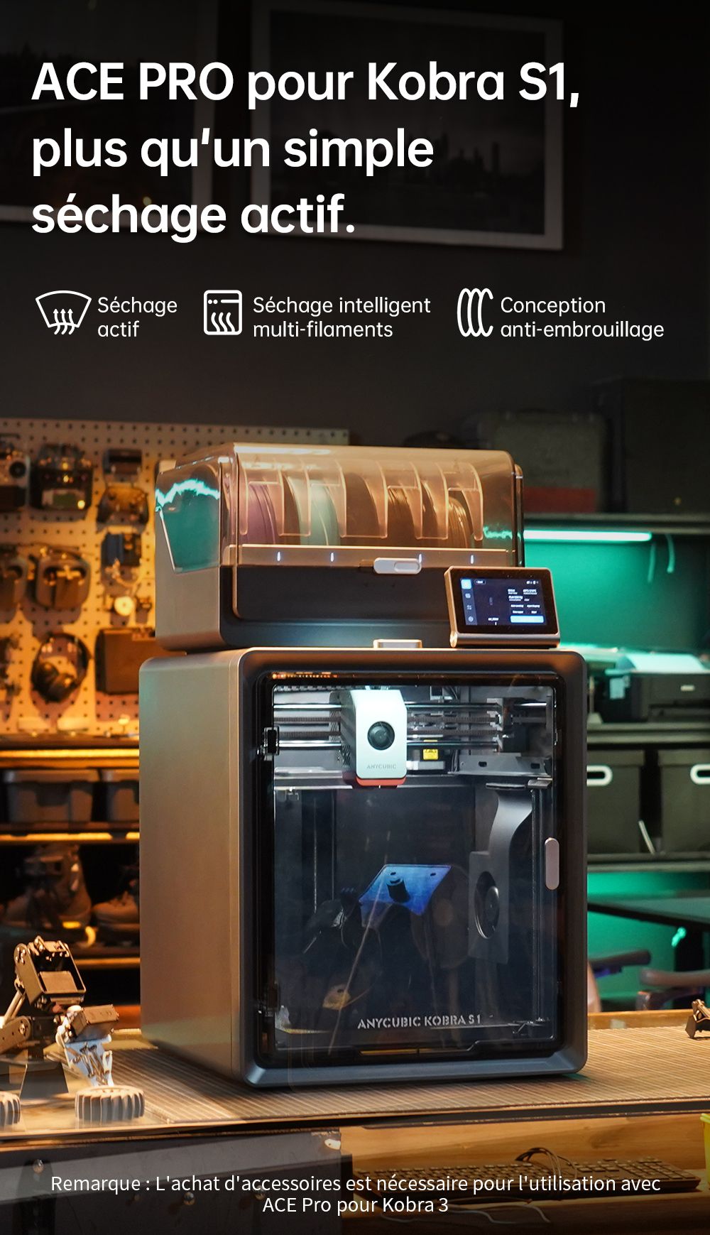 Imprimante 3D ANYCUBIC KOBRA S1 COMBO, impression 8 couleurs &eacute;clatantes, vitesse ultra-rapide de 600 mm/s, mise &agrave; niveau automatique, t&ecirc;te d'impression 320 &deg;C, ultra-silencieuse 44 dB, construction CoreXY, 250 x 250 x 250 mm