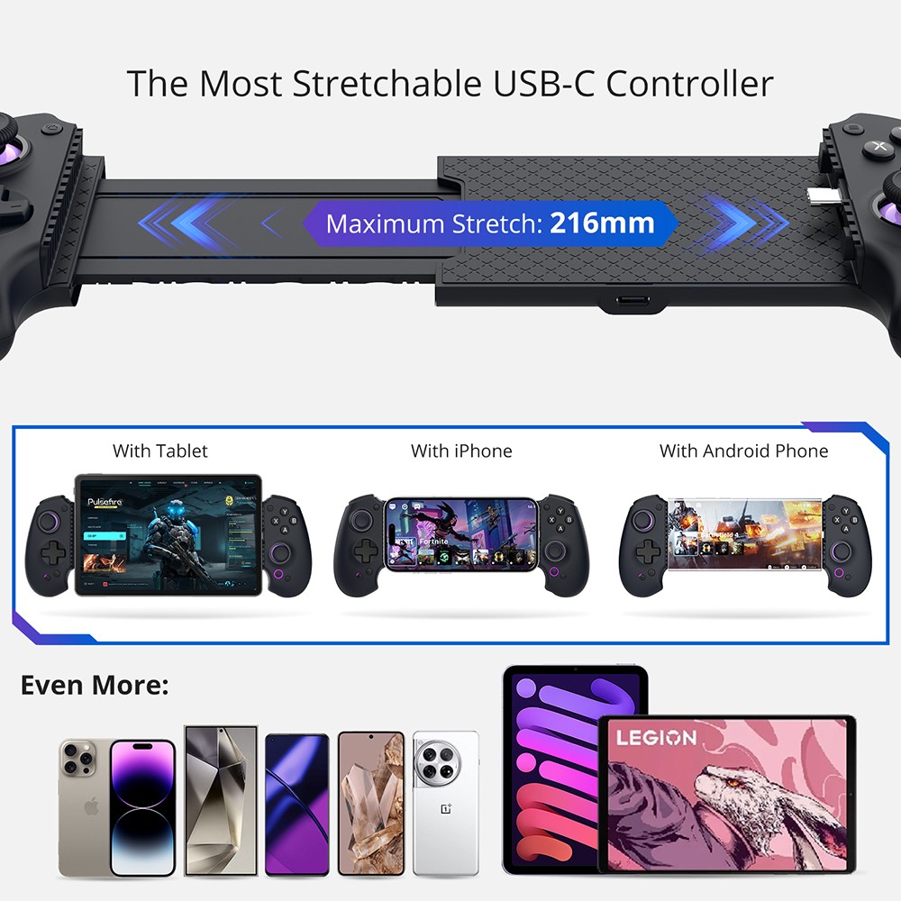 abxylute S9 Gaming Controller, Compatible with iPhone 15/16 Series, iPad Mini 6/7, Android Phone & Tablet, Max Stretch 216mm, Gaming App