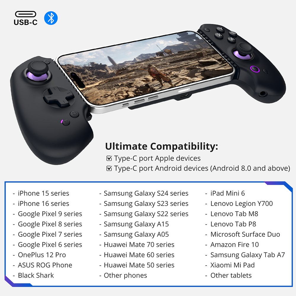 abxylute S9 Gaming Controller, Compatible with iPhone 15/16 Series, iPad Mini 6/7, Android Phone & Tablet, Max Stretch 216mm, Gaming App