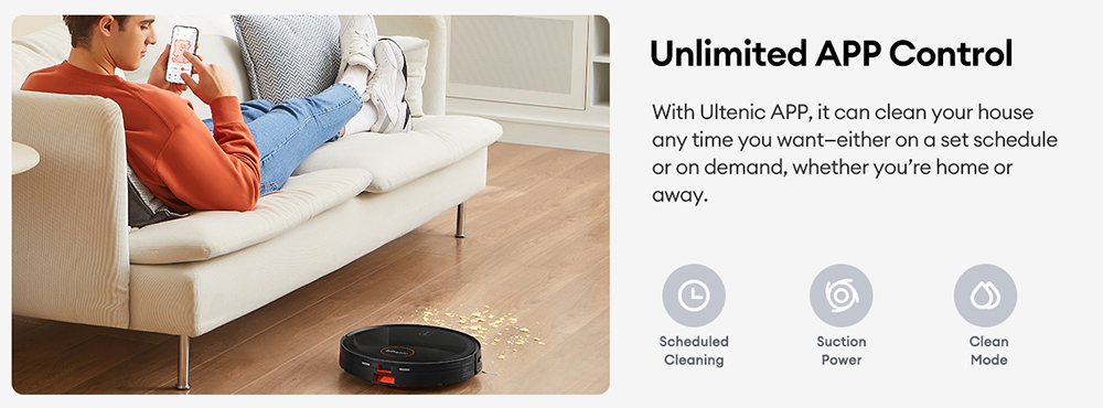 Ultenic D6S Aspirateur robot, &agrave; navigation gyroscopique, aspirateur balai 3 en 1, 3000 aspiration, 4 modes de nettoyage, batterie 2600 mAh, autonomie de 120 min