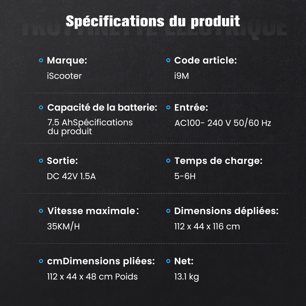 iScooter i9M Trottinette électrique, moteur 500 W, batterie 42 V 7,5 Ah, pneus pneumatiques 10 pouces, vitesse maximale 35 km/h, autonomie 30 km, frein électronique avant et frein à disque arrière, contrôle par application, écran LCD