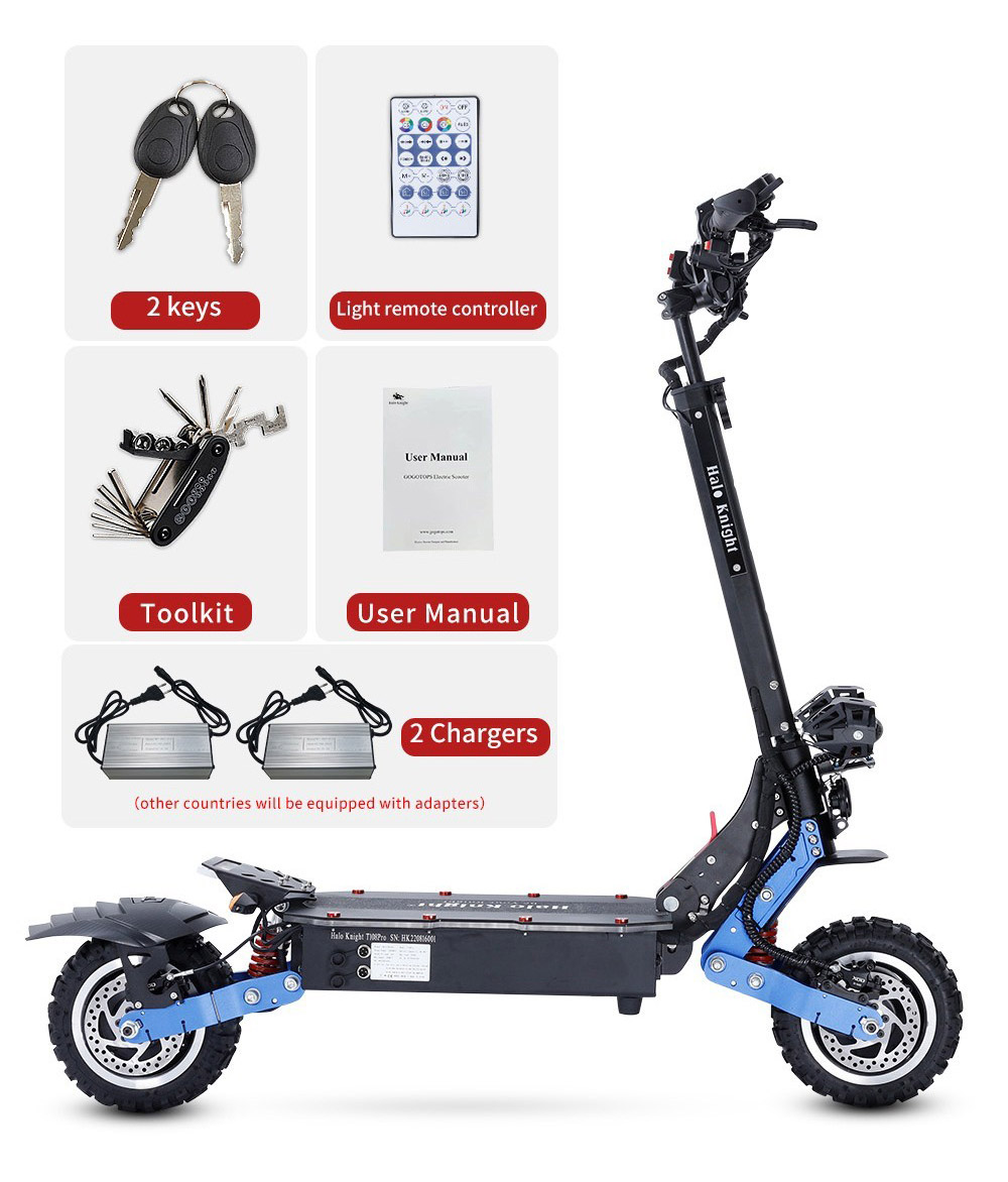 Patinete eléctrico Halo Knight T108 Pro de 11'', todoterreno, neumáticos, 2 motores de 3000 W, velocidad máxima de 95 km/h, batería de 60 V y 38,4 Ah, alcance de 80 km, carga máxima de 200 kg, intermitentes delanteros y traseros, resistente al agua IPX4, frenos hidráulicos dobles, freno eléctrico.