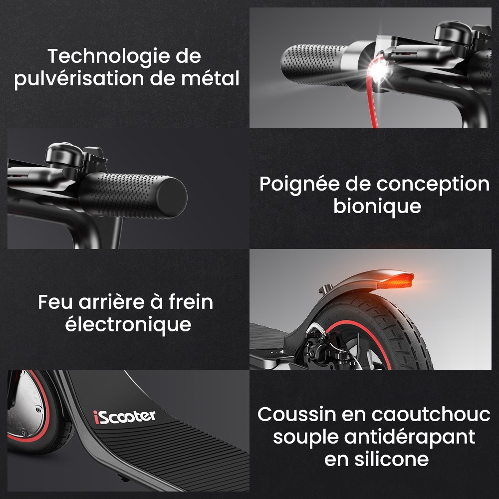 iScooter i9M Trottinette électrique, moteur 500 W, batterie 42 V 7,5 Ah, pneus pneumatiques 10 pouces, vitesse maximale 35 km/h, autonomie 30 km, frein électronique avant et frein à disque arrière, contrôle par application, écran LCD