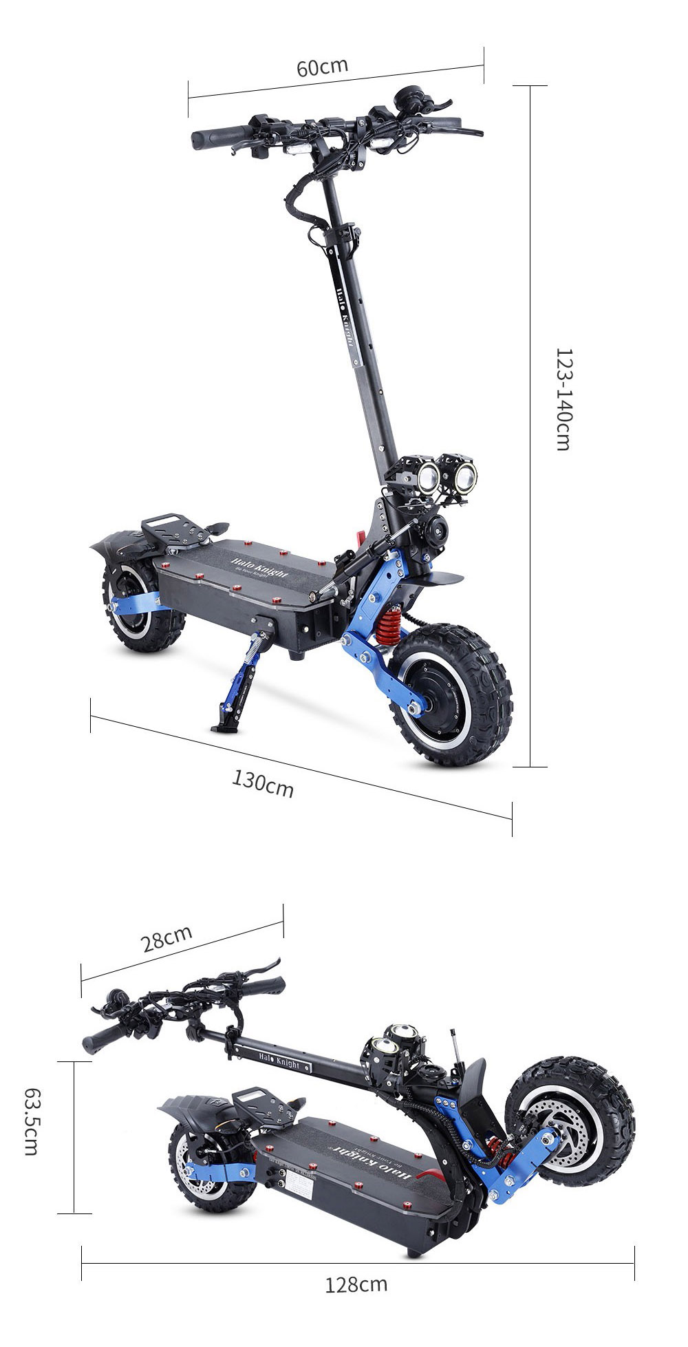 Patinete eléctrico Halo Knight T108 Pro de 11'', todoterreno, neumáticos, 2 motores de 3000 W, velocidad máxima de 95 km/h, batería de 60 V y 38,4 Ah, alcance de 80 km, carga máxima de 200 kg, intermitentes delanteros y traseros, resistente al agua IPX4, frenos hidráulicos dobles, freno eléctrico.