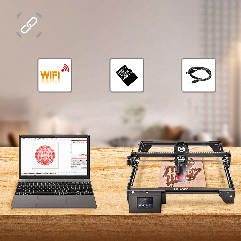 LONGER RAY5 10W-os lézergravírozó, 0,06x0,06 mm-es lézerpont, érintőképernyő, offline gravírozás, 32 bites chipset, WiFi kapcsolat, munkaterület 400x400 mm