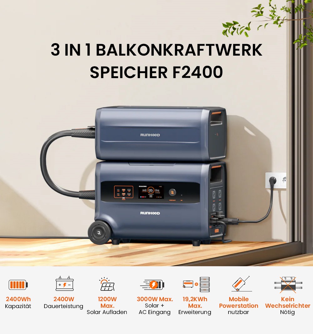 RUNHOOD F2400 3-in-1 Tragbares Kraftwerk 2400Wh 2400W + B2400 2400Wh Balkon-Akkupack