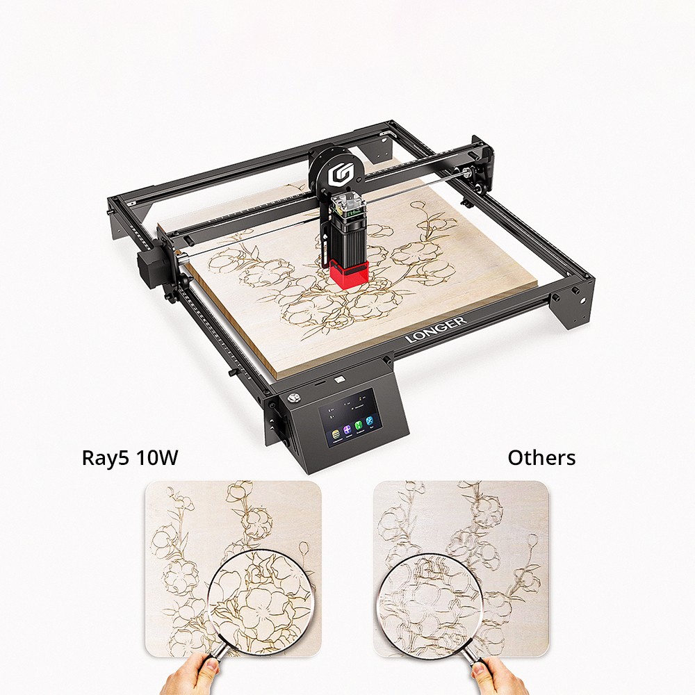 LONGER RAY5 10W-os lézergravírozó, 0,06x0,06 mm-es lézerpont, érintőképernyő, offline gravírozás, 32 bites chipset, WiFi kapcsolat, munkaterület 400x400 mm
