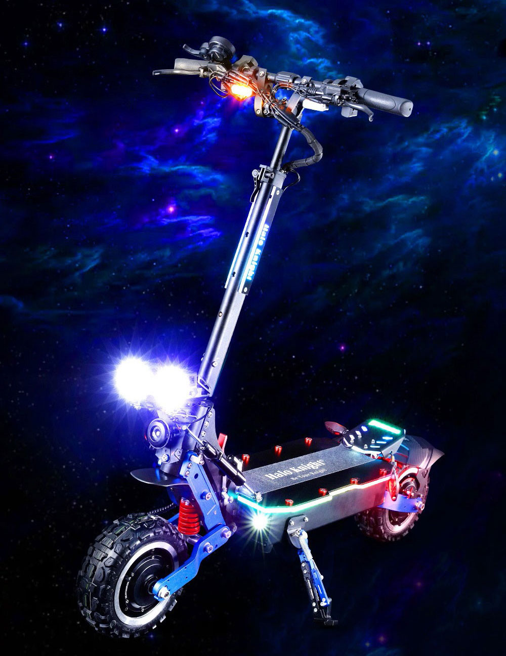Patinete eléctrico Halo Knight T108 Pro de 11'', todoterreno, neumáticos, 2 motores de 3000 W, velocidad máxima de 95 km/h, batería de 60 V y 38,4 Ah, alcance de 80 km, carga máxima de 200 kg, intermitentes delanteros y traseros, resistente al agua IPX4, frenos hidráulicos dobles, freno eléctrico.