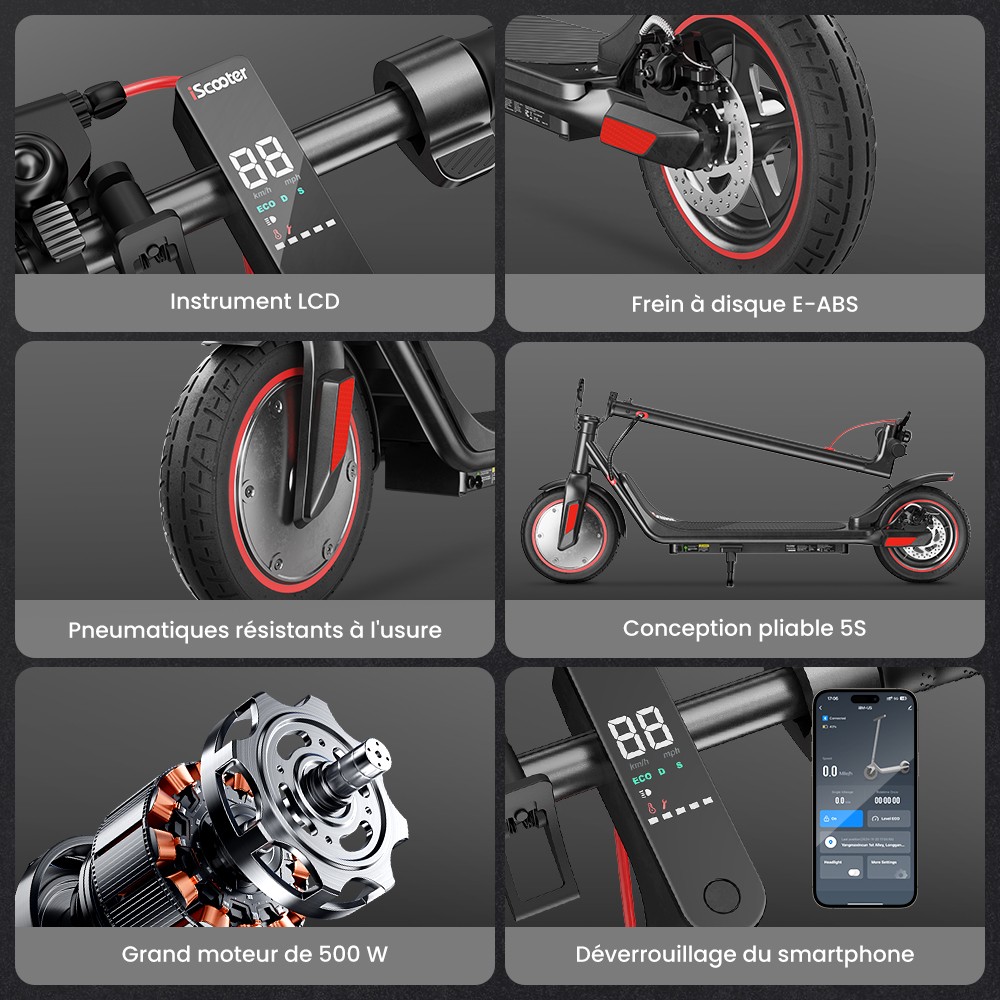 iScooter i9M Trottinette électrique, moteur 500 W, batterie 42 V 7,5 Ah, pneus pneumatiques 10 pouces, vitesse maximale 35 km/h, autonomie 30 km, frein électronique avant et frein à disque arrière, contrôle par application, écran LCD