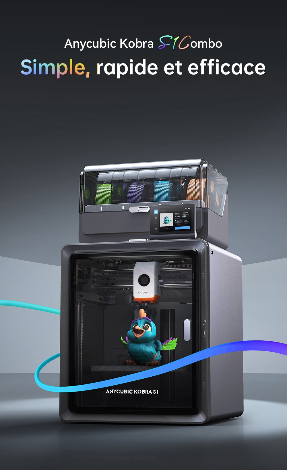 Imprimante 3D ANYCUBIC KOBRA S1 COMBO, impression 8 couleurs &eacute;clatantes, vitesse ultra-rapide de 600 mm/s, mise &agrave; niveau automatique, t&ecirc;te d'impression 320 &deg;C, ultra-silencieuse 44 dB, construction CoreXY, 250 x 250 x 250 mm