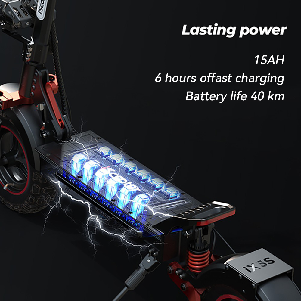 iScooter iX5S Trottinette &eacute;lectrique, moteur 1000 W, batterie 48 V 15 Ah, pneu 11 pouces, vitesse maximale 45 km/h, autonomie 40 km, freins &agrave; double disque, amortisseurs avant et arri&egrave;re