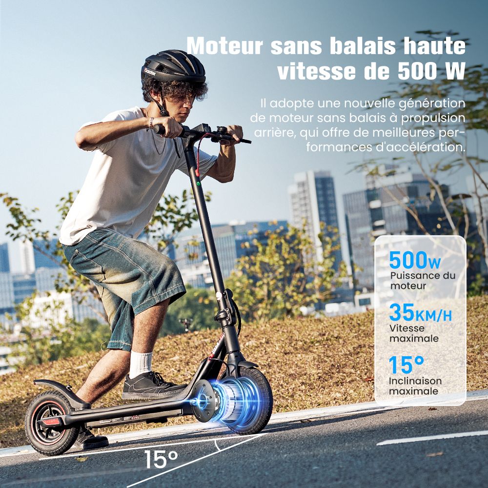 iScooter i9M Trottinette électrique, moteur 500 W, batterie 42 V 7,5 Ah, pneus pneumatiques 10 pouces, vitesse maximale 35 km/h, autonomie 30 km, frein électronique avant et frein à disque arrière, contrôle par application, écran LCD