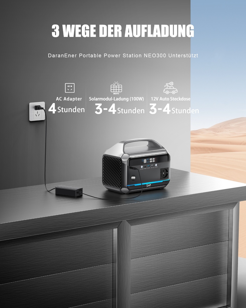 DaranEner NEO300 Tragbare Powerstation + DaranEner SP100 Faltbares Solarpanel, 300 W, 268,8 Wh, LiFePO4-Akku, USB-C PD60W, 110 V, reine Sinuswelle