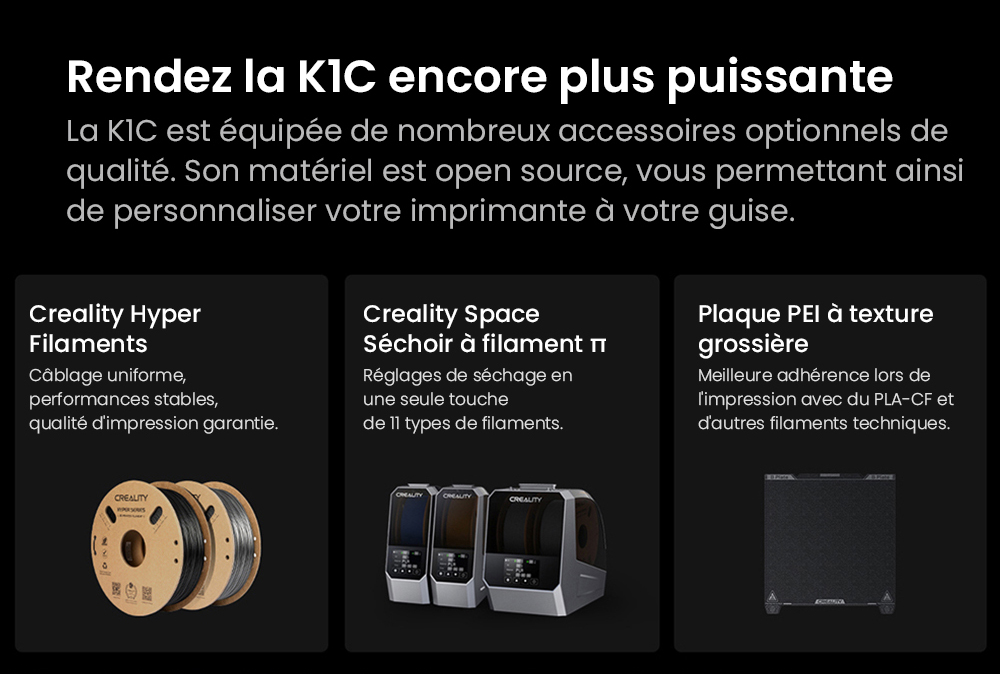 Imprimante 3D Creality K1C, vitesse maximale de 600 mm/s, cam&eacute;ra AI, buse &agrave; changement rapide, extrudeuse enti&egrave;rement en m&eacute;tal, imprime en fibre de carbone, filtre &agrave; air et mode silencieux