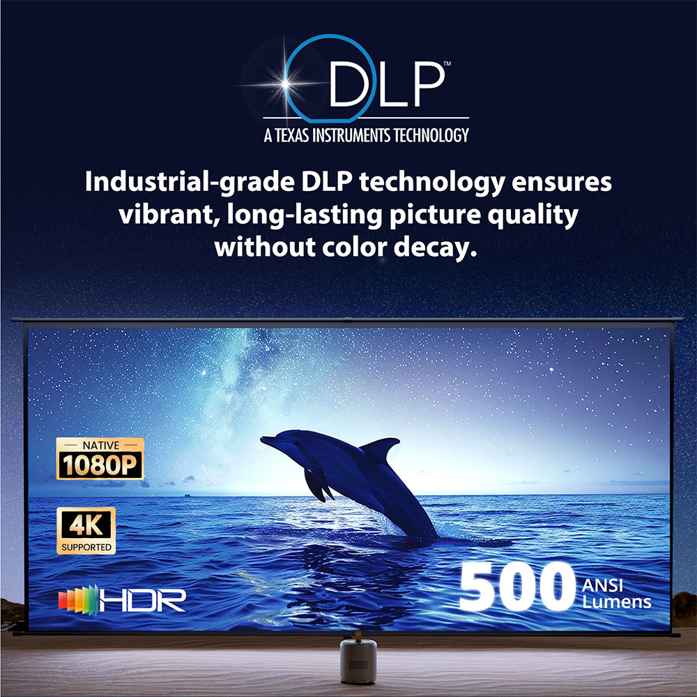 ETOE Dolphin Projecteur 1080P, avec syst&egrave;me Google TV, d&eacute;codage vid&eacute;o 4K UHD, Netflix, YouTube, Prime Video, son immersif, mise au point automatique et trap&egrave;ze, 500 lumens ANSI, Wi-Fi double bande