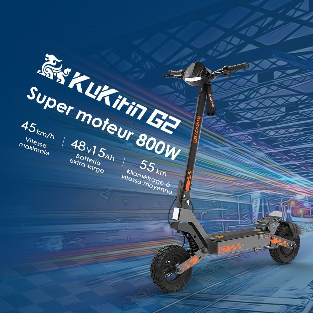 Kukirin G2 Mise &agrave; jour 2025 Trottinette &eacute;lectrique pliable , Moteur 800 W, Batterie 48 V 15 Ah, Pneu 10 pouces, Vitesse maximale 45 km/h, Autonomie 55 km, &Eacute;cran tactile, Frein &agrave; disque, Syst&egrave;me 7 lumi&egrave;res - Noir