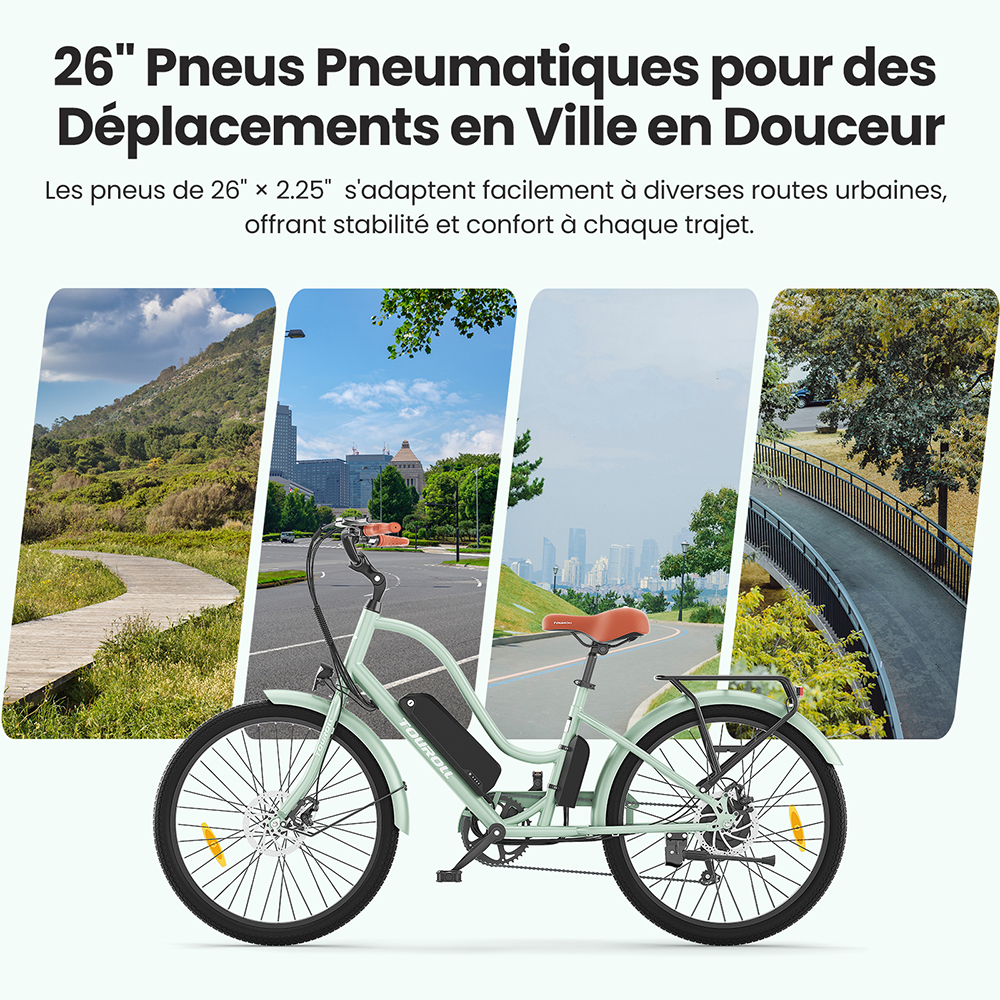 V&eacute;lo &eacute;lectrique Touroll B2, moteur 250 W, batterie 36 V 15,6 Ah, pneus 26 x 2,25 pouces, vitesse maximale 25 km/h, autonomie 100 km, frein &agrave; disque et frein &eacute;lectrique, Shimano 7 vitesses, &eacute;cran LED
