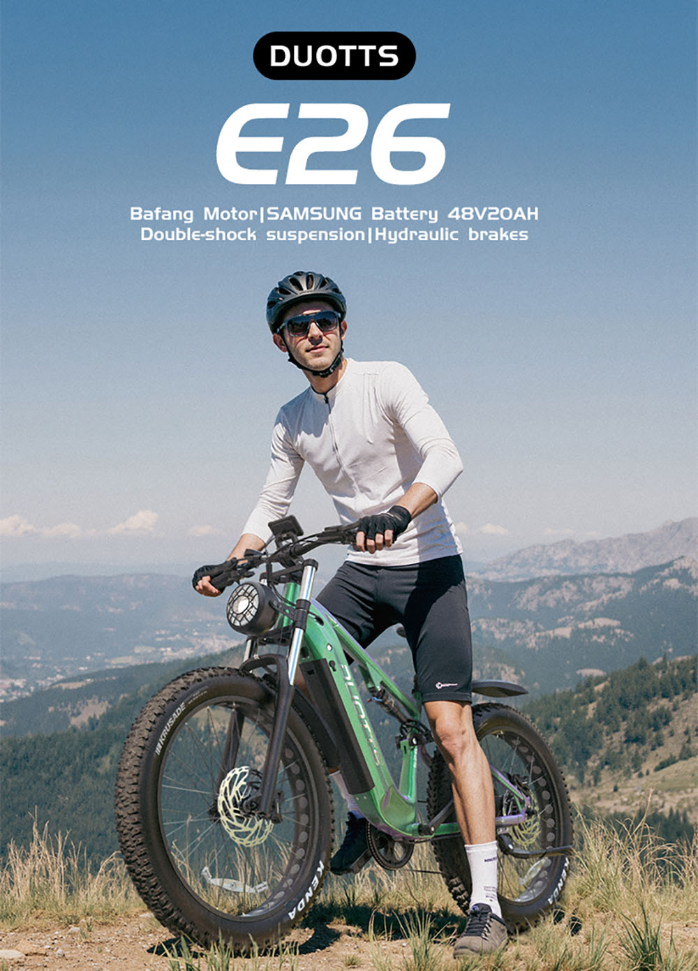 DUOTTS E26 V&eacute;lo &eacute;lectrique, moteur Bafang 750 W, capteur de couple, batterie SAMSUNG 48 V 20 Ah, pneus 26 x 4,0 pouces, vitesse maximale 55 km/h, autonomie maximale 120 km, freins &agrave; disque hydrauliques TEKTRO, suspension avant et arri&egrave;re, Shimano 8 vitesses - Vert Violet
