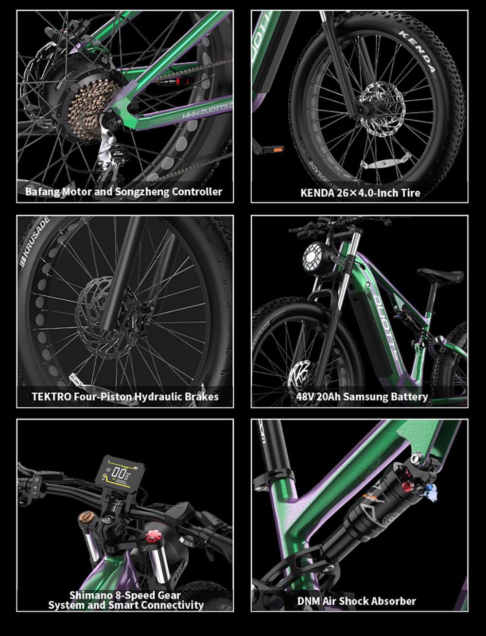 DUOTTS E26 V&eacute;lo &eacute;lectrique, moteur Bafang 750 W, capteur de couple, batterie SAMSUNG 48 V 20 Ah, pneus 26 x 4,0 pouces, vitesse maximale 55 km/h, autonomie maximale 120 km, freins &agrave; disque hydrauliques TEKTRO, suspension avant et arri&egrave;re, Shimano 8 vitesses - Vert Violet