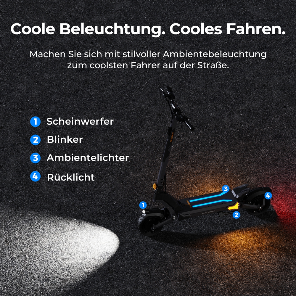Ausom L2 Max Elektroroller, 2 x 1000 W Motor, 48 V 20,8 Ah Akku, 3 x 10 Zoll Reifen, 65 km/h H&ouml;chstgeschwindigkeit, 90 km Reichweite, Scheibenbremsen vorne und hinten, Schwingenaufh&auml;ngung, versteckte AirTag-Halterung
